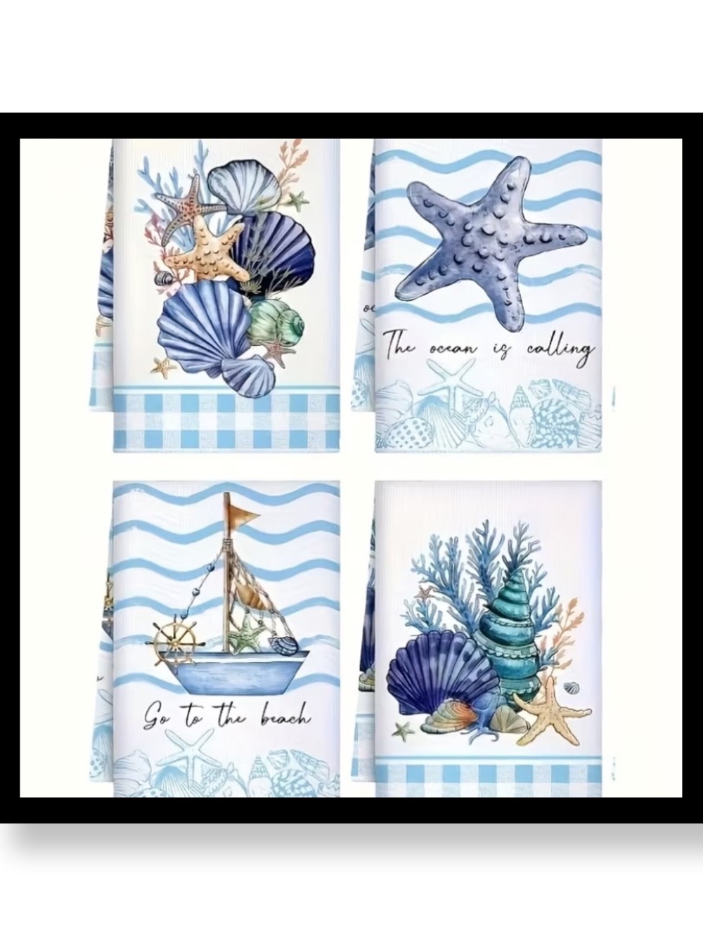 🆕 4 pk Coastal Seashell Tea Towels - Blue & Aqua
